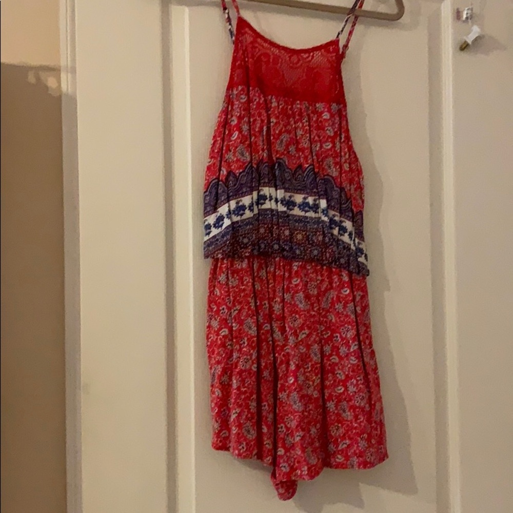 Red Printed Romper with Lace Faux Halter